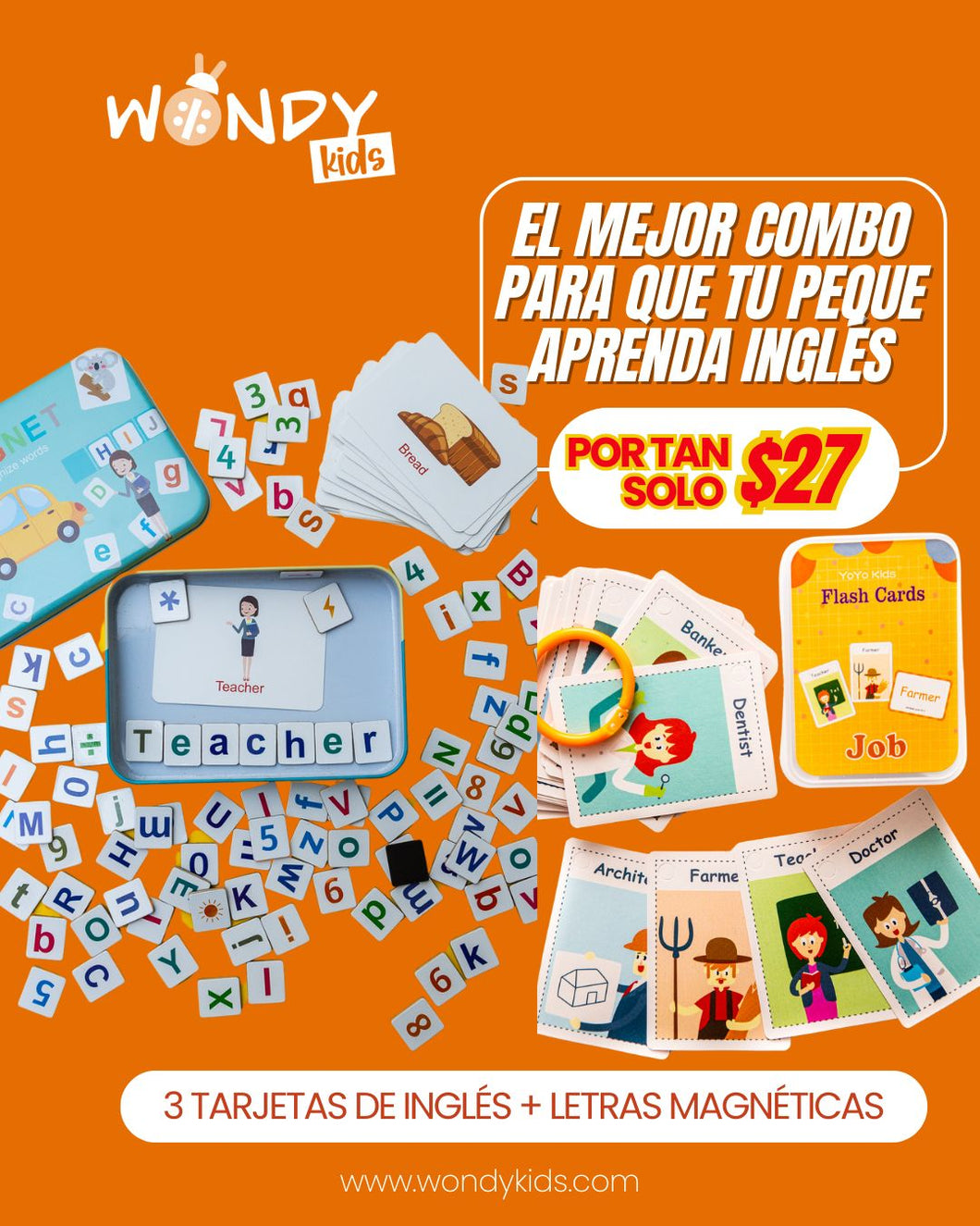 Combo Letras magnéticas + 3 tarjetas de ingles